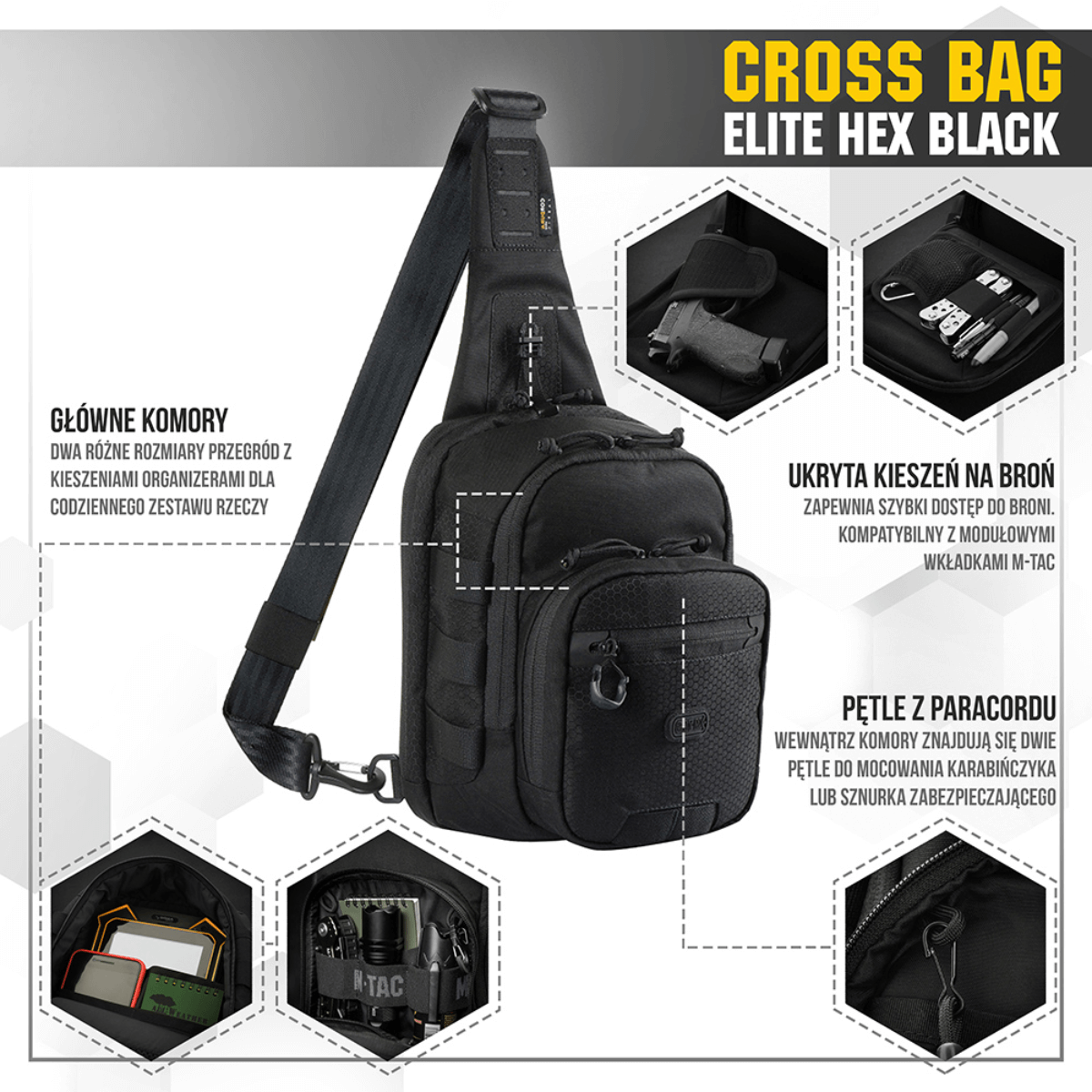 M‑Tac Cross Bag Elite Hex mustana, taktinen laukku säädettävillä hihnoilla ja useilla säilytystiloilla päivittäiskäyttöön ja varusteille