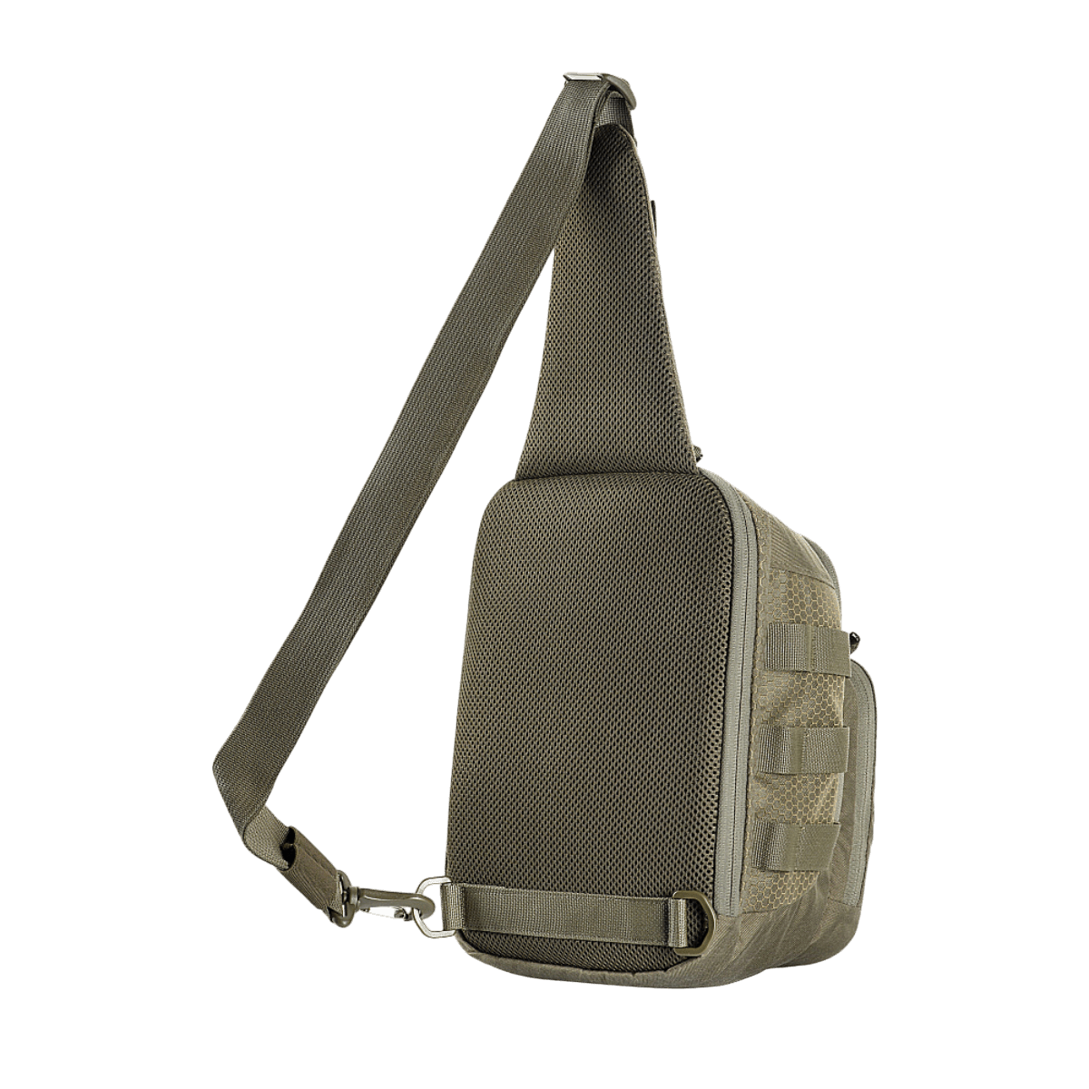 M-Tac Cross Bag Elite Hex sivulta nähtynä, 5 l sling-laukku yhdellä remmillä, täydellinen päivittäiseen käyttöön. Valmistettu kestävästä Cordura 500 -materiaalista.