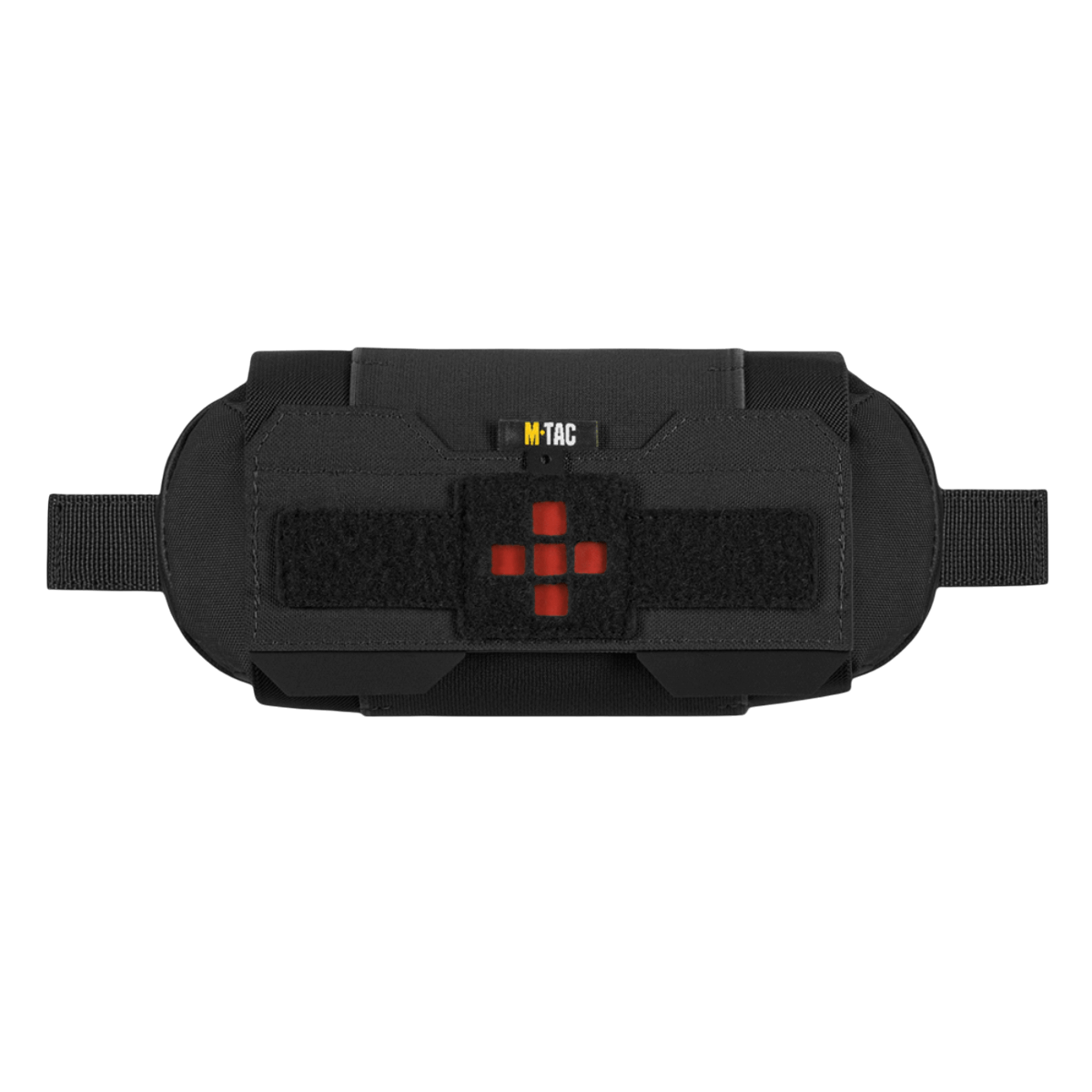 M‑Tac Horizontal Medical Pouch Elite mustana punaisen ristin merkeillä, Cordura 500D -materiaali kenttäensiapuun.