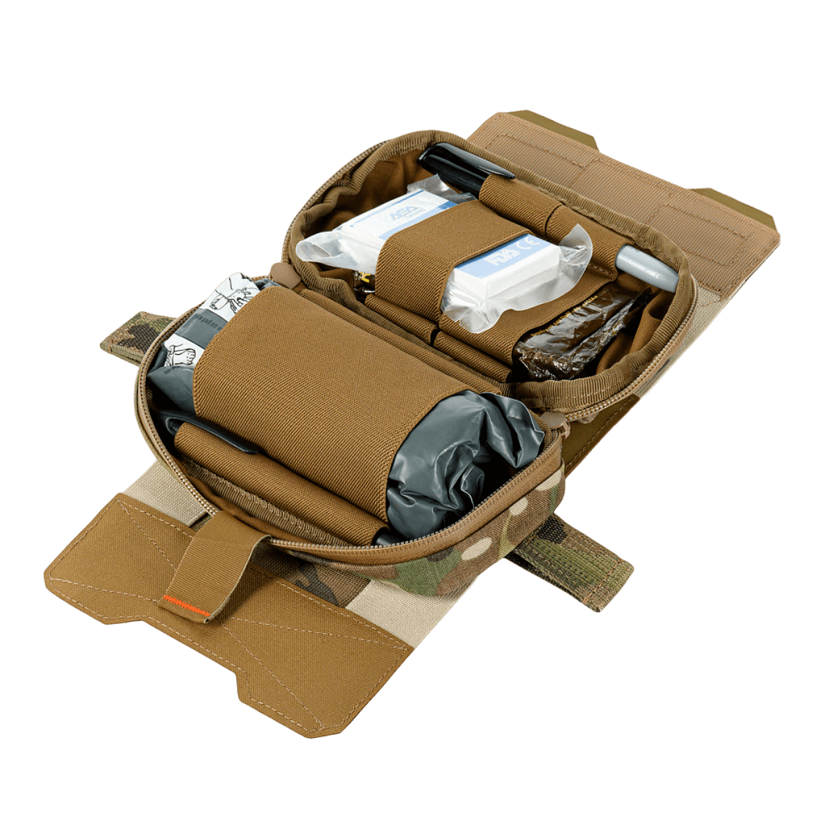 M‑Tac Horizontal Medical Pouch Elite järjestäjällä, avattuna näkymä ensiapuvälineistä, Cordura 500D materiaali, sotilastyyppinen kenttäpakkaus.