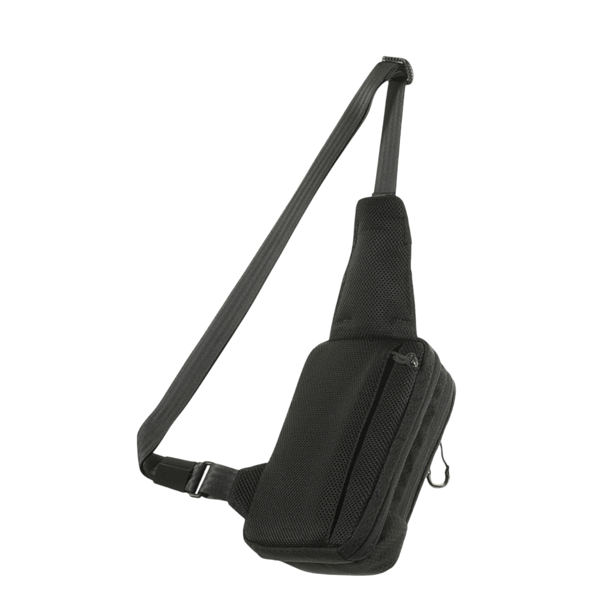 M-Tac Sling Pistoltaske Elite Hex mustana, valmistettu kulutusta kestävästä Cordura 1000D:stä ja Cordura Hexistä, säädettävällä olkahihnalla ja tilavilla lokeroilla.