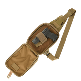 M-Tac Sling pistoolilaukku Elite Hex, säädettävä hihna ja piilotetun aseen säilytystila, avoinna sisältö näkyvissä
