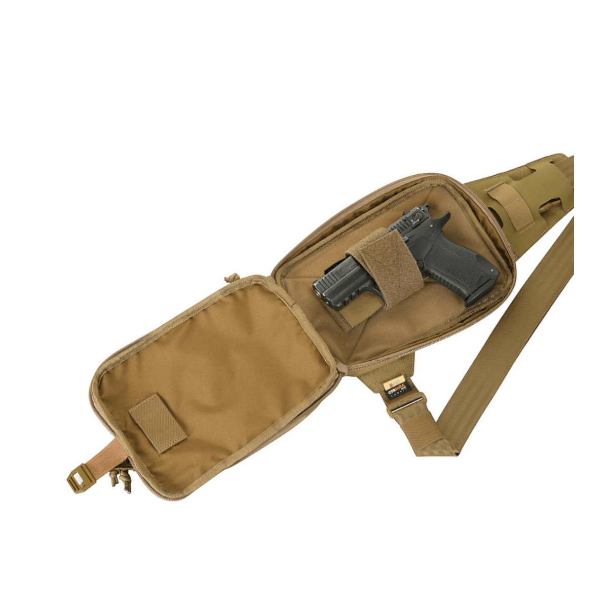 M-Tac Sling Pistoltaske Elite Hex pistoolin kanssa, säädettävä hihna ja tilavat osastot turvalliseen kuljetukseen.