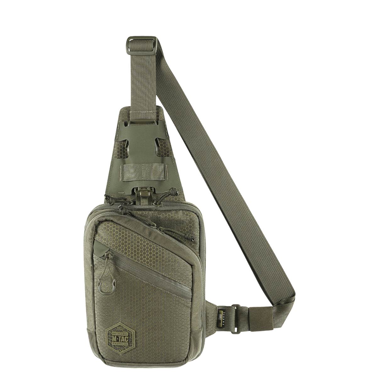 M-Tac Sling Pistoltaske Elite Hex kestävässä Cordura-materiaalissa, säädettävä hihna ja tilavat osastot.
