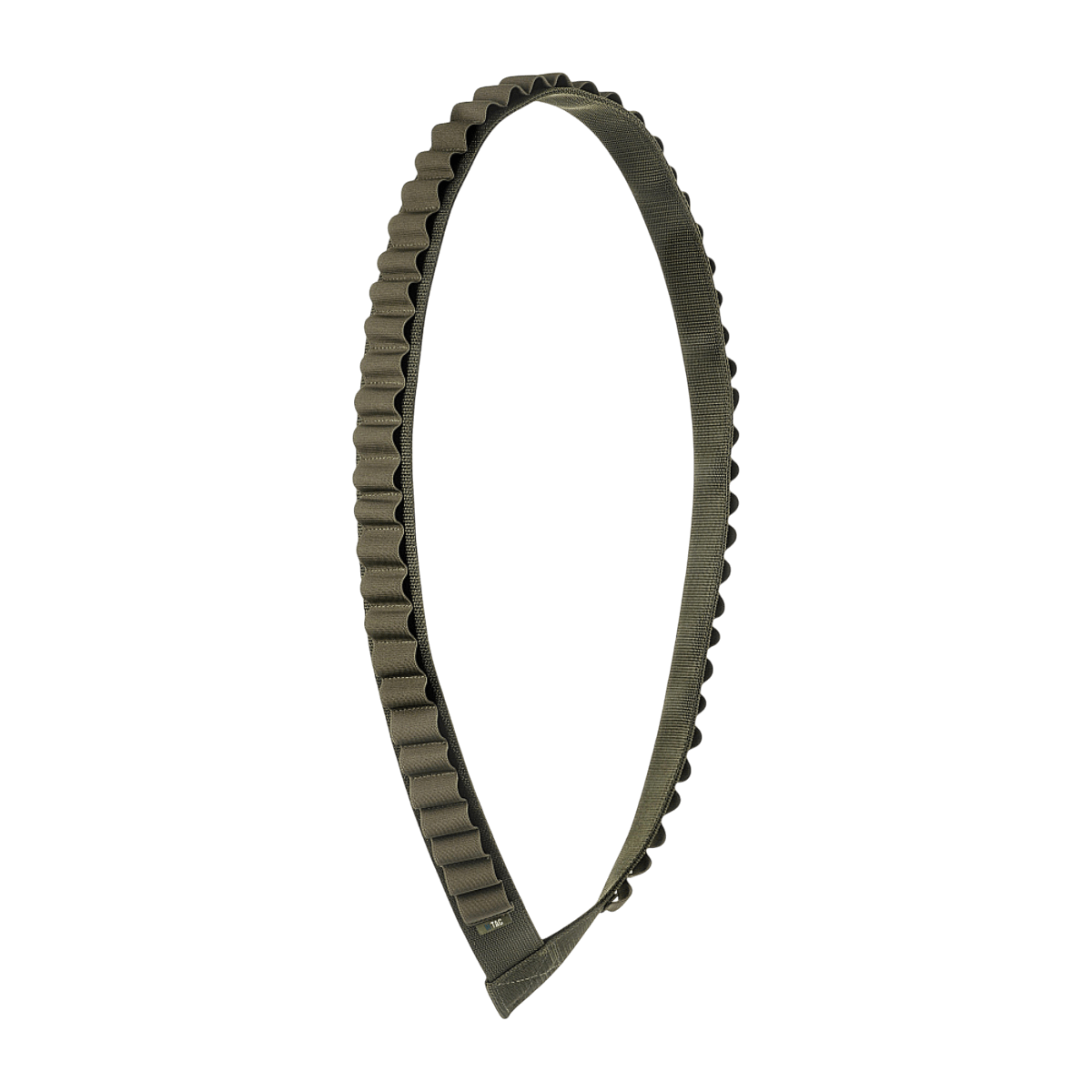 M-Tac Bandolier Elite, käytännöllinen ja ergonominen metsästäjän vyö 55 patruunalle, kaliberi 12/16, tuplahihnat ja elastinen kiinnitys, nähty sivulta.