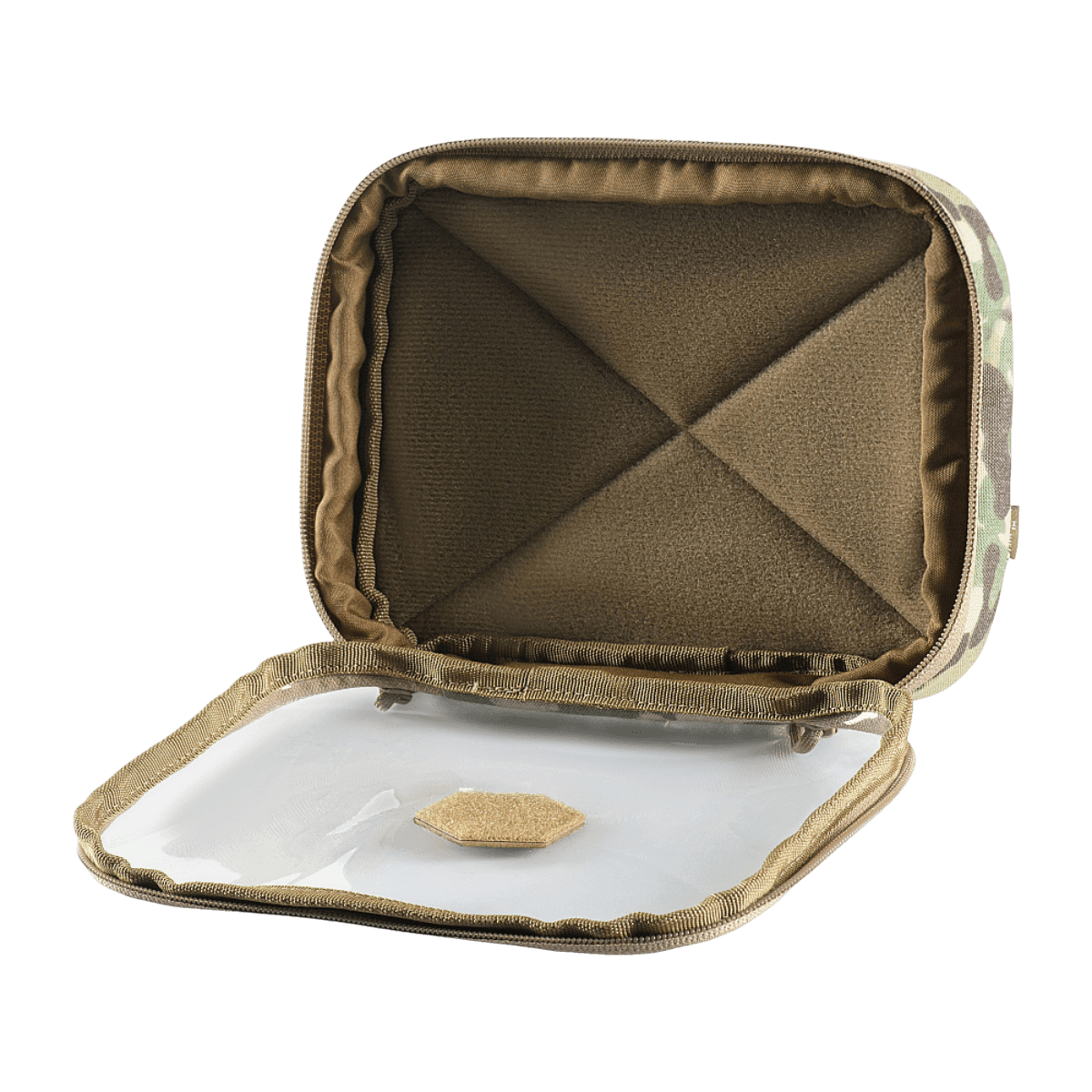 Avoinna oleva M-Tac Utility Organizer Slim Elite läpinäkyvällä PVC-etuosalla, ihanteellinen EDC-sarjan ja välttämysten turvalliseen säilytykseen, Cordura 500D.