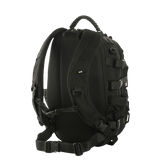 M-Tac Mission Pack Elite reppu, musta Cordura 1000D, ergonominen muotoilu ja MOLLE-järjestelmä (takaa kuvattuna).