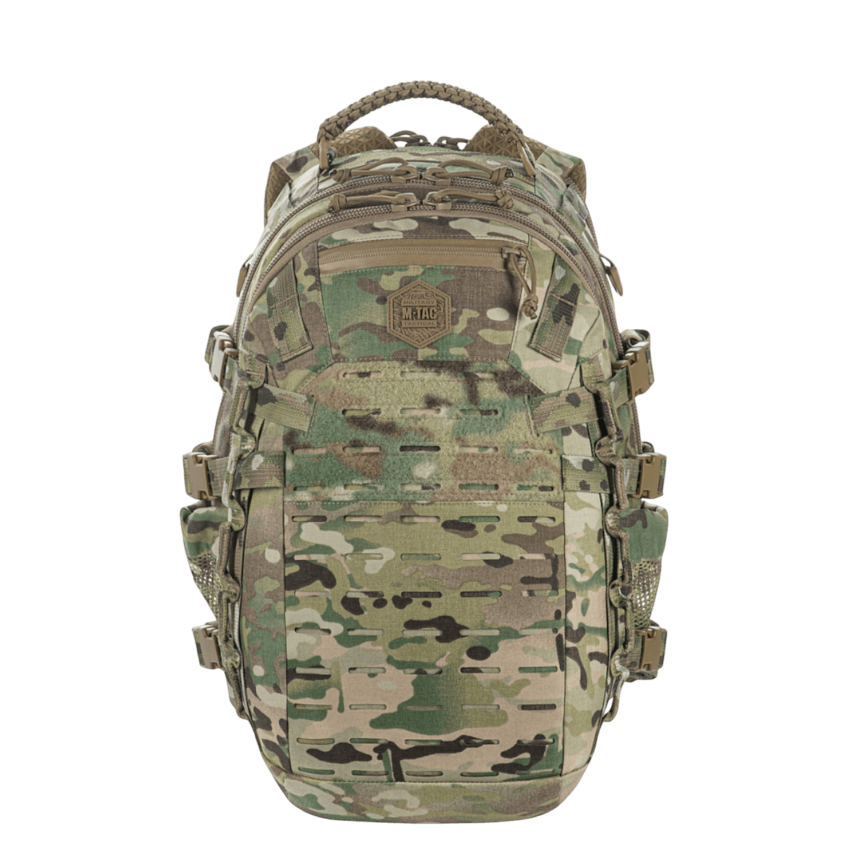 M-Tac Mission Pack Elite reppu, Cordura 1000D ja laserleikatulla MOLLE-järjestelmällä, camo-muotoilu.