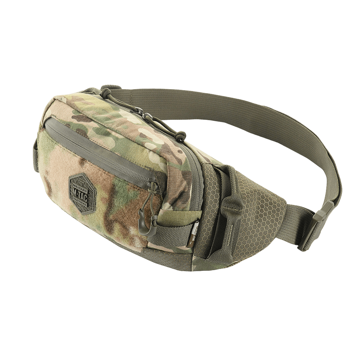 Kuva M‑Tac Elite Hex -vyölaukusta tyylikkäällä muotoilulla, sotilasprintti ja kestävät YKK-vetoketjut, sopii arkeen ja taktisiin tarkoituksiin.