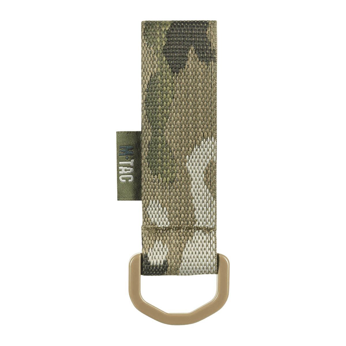 M-Tac-kiinnike D-renkaalla camouflage-kuosilla, sopii MOLLE-asennukseen reppuihin ja taktisiin varusteisiin, Velcro-suljin.