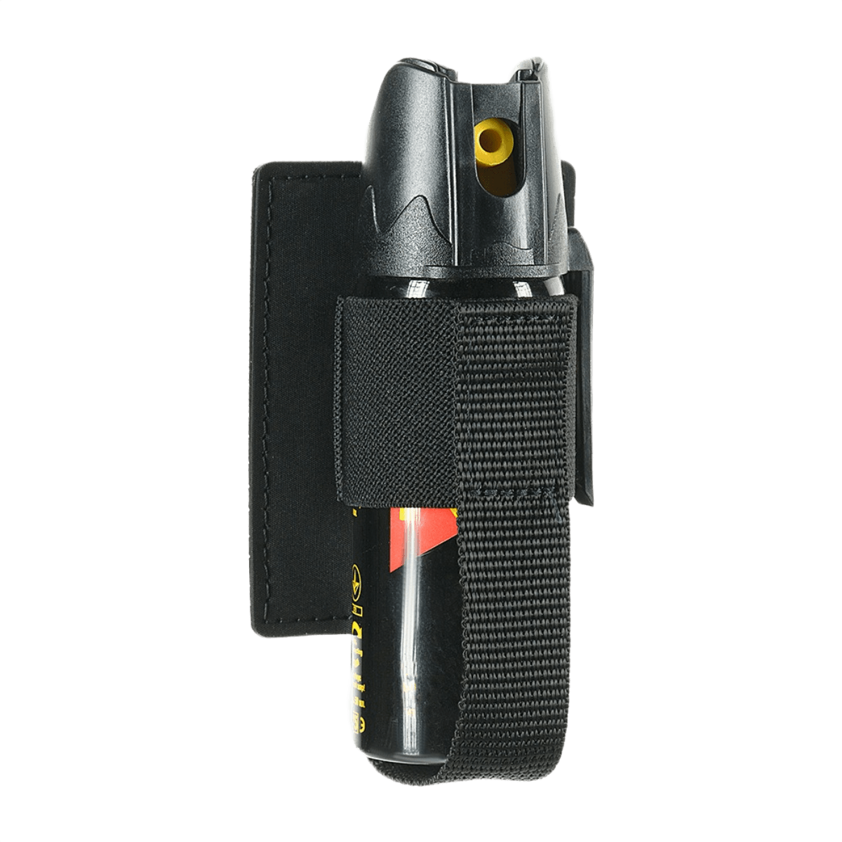 M-Tac modulaarinen pepperspray-indsats asennettuna mustaan elastikokoteloon.