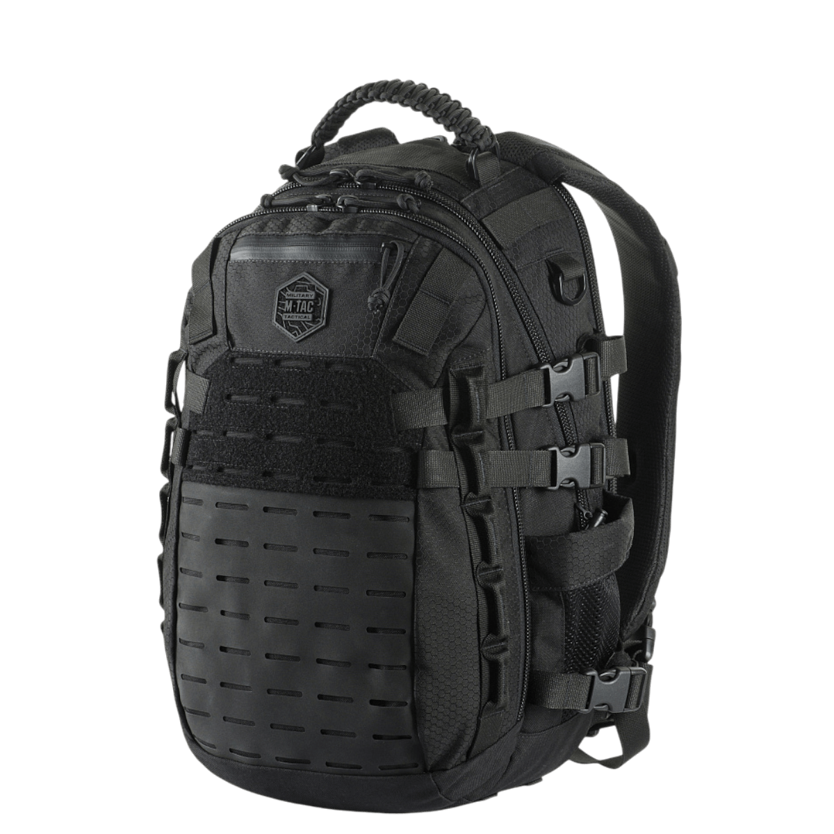 M-Tac Mission Rygsæk Elite Hex mustana, MOLLE-järjestelmällä ja Cordura Hex 1000D -materiaalilla ulkoilmaretkille.