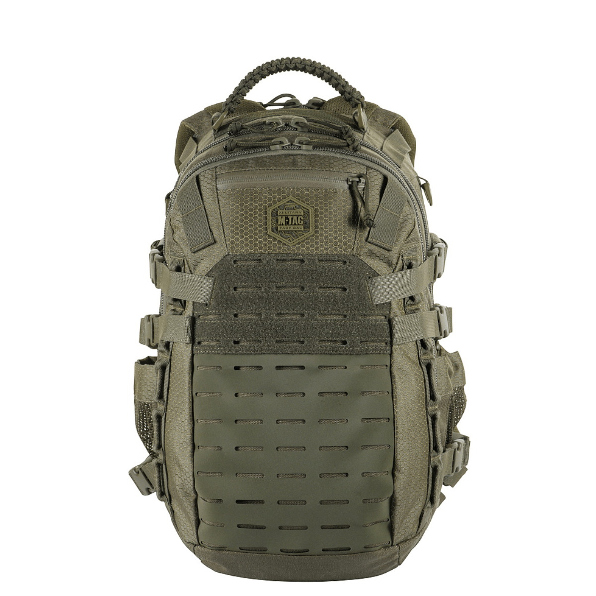 M-Tac Mission Rygsæk Elite Hex Cordura Hex 1000D -materiaalista, MOLLE LASER CUT -järjestelmällä, ergonomisesti suunniteltu kestävyyteen ja tyyliin.