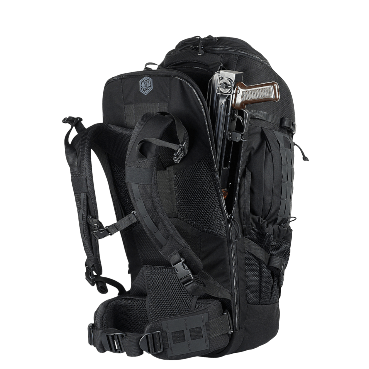 M-Tac Rygsæk Large Elite Hex Gen. IV mustana, näyttää aseiden kantotoiminnon ja tukevan Cordura-materiaalin. Sopii ulkoiluseikkailuihin.