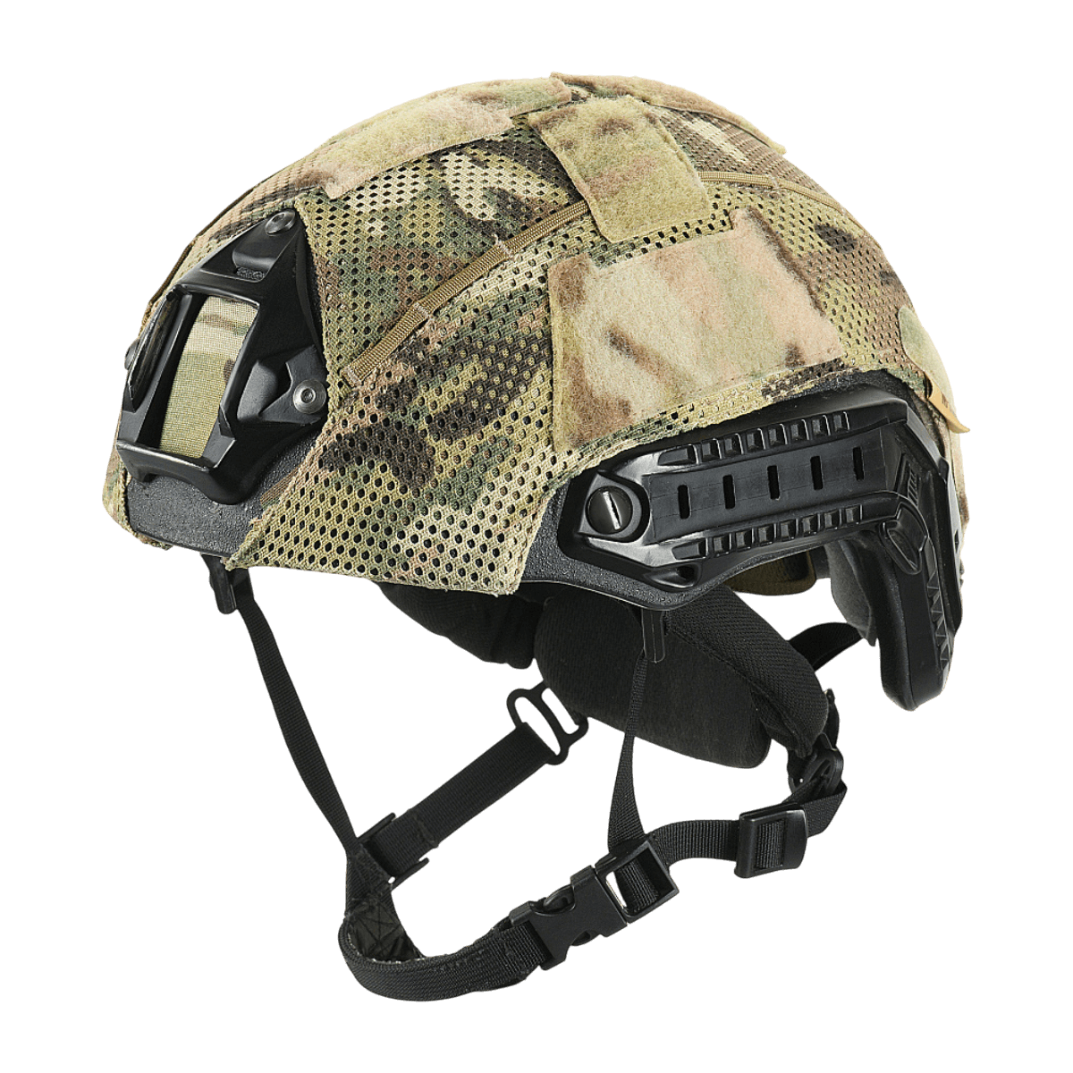 M‑Tac Hjelmcover Shroud Elite MULTICAMissa, suunniteltu TOR-D-kypärille, suojaa vaurioilta, Velcro-paneelit ja remmit lisävarusteille.