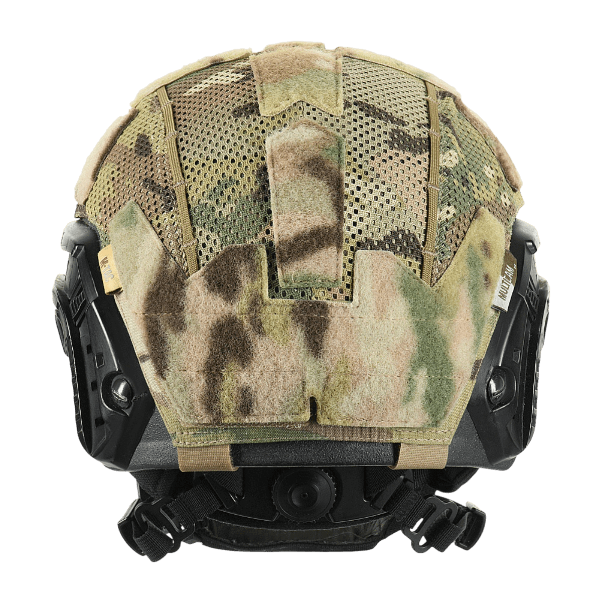 M‑Tac Hjelmcover Shroud Elite MULTICAM-muotoilussa, asennettuna TOR-D-kypärään, näyttää Velcro-paneelit ja Cordura 500D -materiaalin.