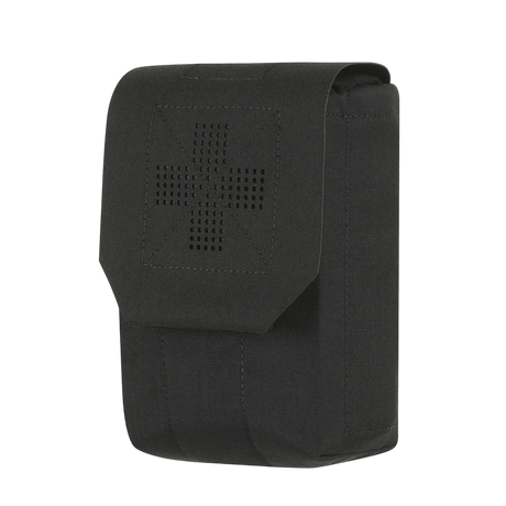 M‑Tac Medic Pouch Vertical Large Elite mustassa Cordura-materiaalissa, MOLLE-liitännällä ja joustavilla sisäseinämillä ensiapuvälineiden turvalliseen säilytykseen.