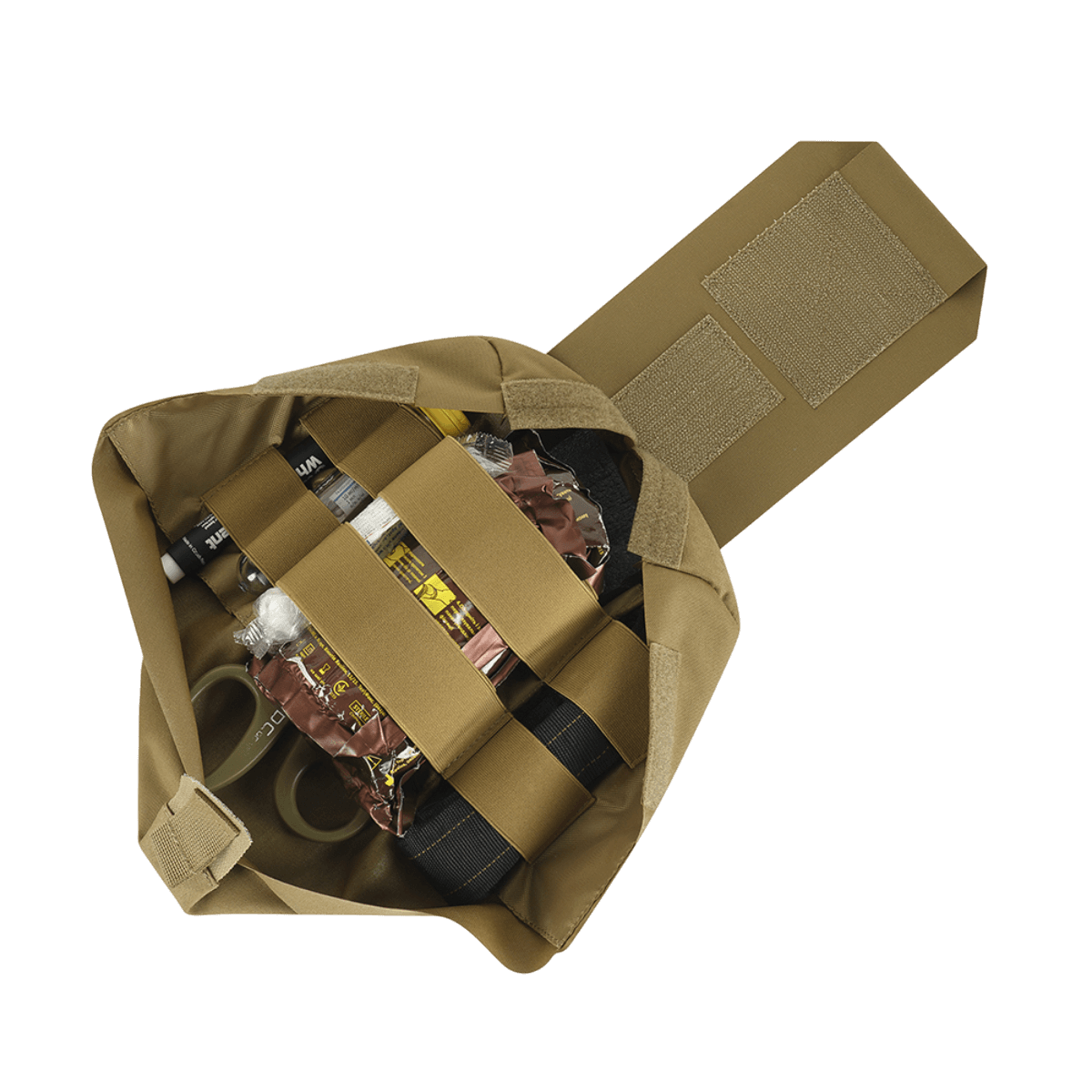 M‑Tac Medic Pouch Vertical Large Elite näyttää avoimen lääkintälaukun järjestetyillä ensiapuvälineillä, Cordura 500D -materiaalia.