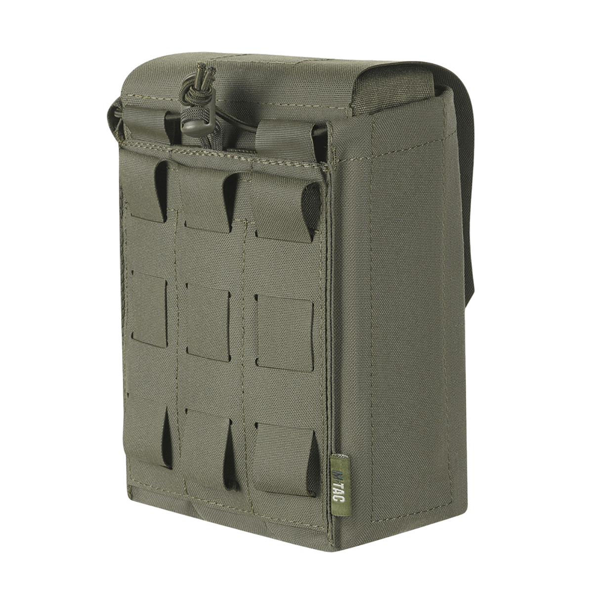 M‑Tac Medic Pouch Vertical Large Elite kestävässä vihreässä Cordura 500D -materiaalissa, suunniteltu nopeaan pääsyyn ja turvalliseen säilytykseen lääkinnällisille välineille.