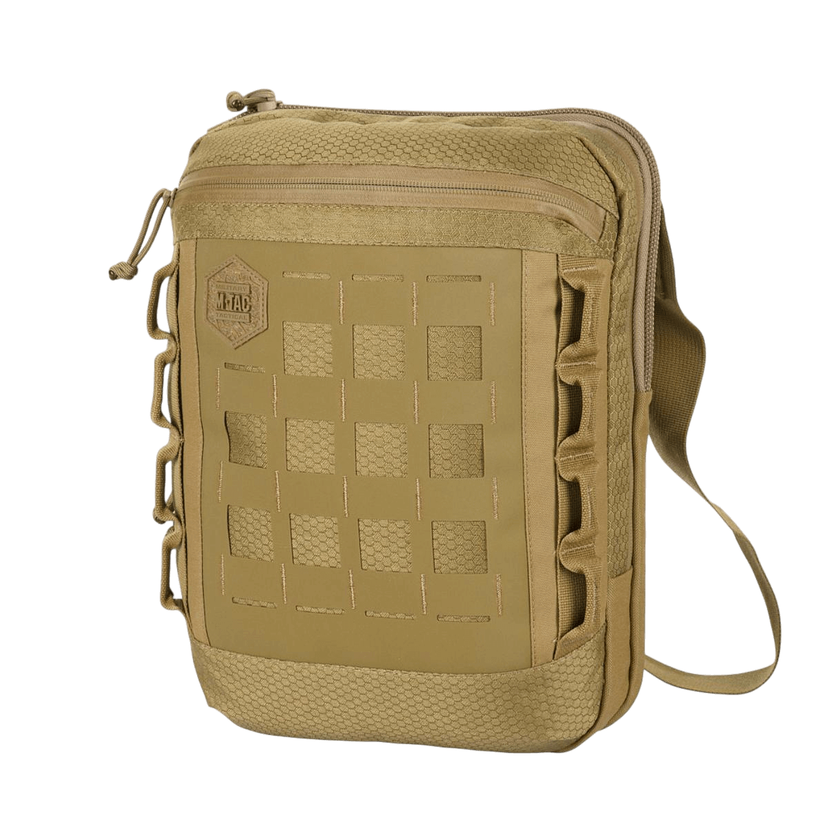 M-Tac Tablet Bag Laser Cut Hex hiekansävyisestä Cordurasta, Laser Cut MOLLE -paneeli ja nopea pääsy; sopii EDC:lle ja tablettien säilytykseen.