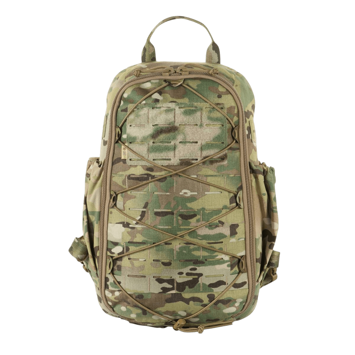 M-Tac STURM Elite -reppu maastokuvioitu, MOLLE Laser Cut -etuosa ja joustavat sivutaskut, suunniteltu kenttäkäyttöön.