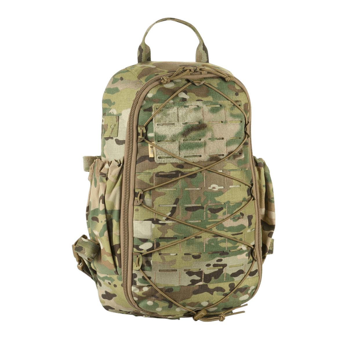 M-Tac STURM Elite -reppu maastokuvioituna taktiseen käyttöön, MOLLE Laser Cut -etuosa ja joustavat sivutaskut.