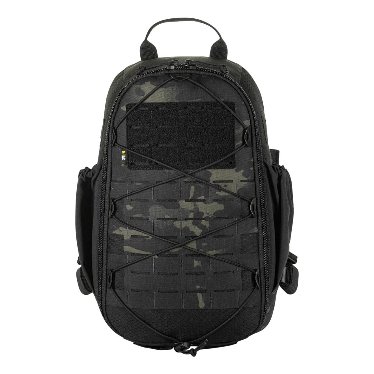 M-Tac STURM Elite -reppu mustana, 15L taktinen reppu MOLLE Laser Cut -etuosalla ja Cordura-materiaalilla, näkymä edestä.