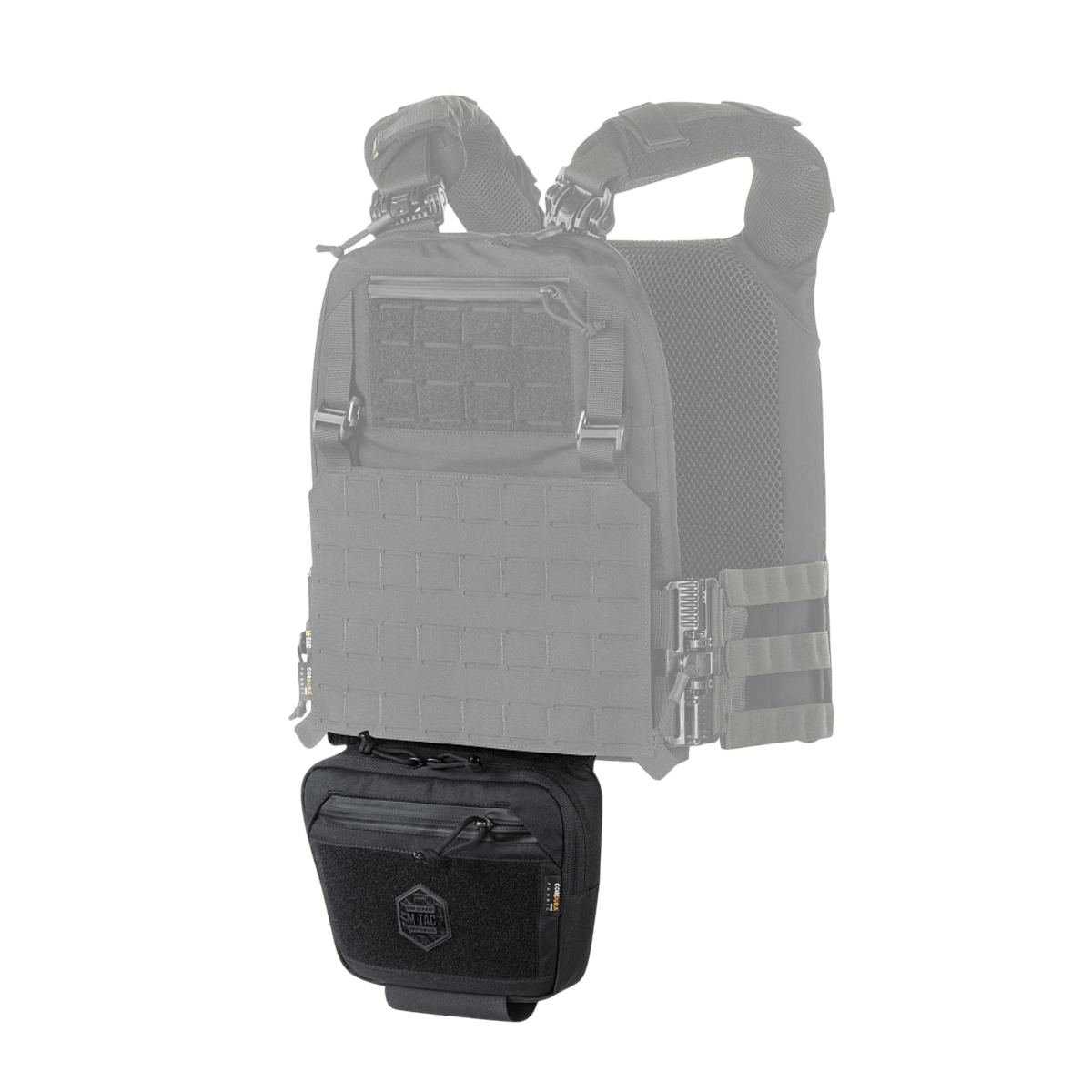 Musta M-Tac Large Elite Gen.II -olkalaukku kiinnitettynä taktiseen liiviin, valmistettu Cordura 500D:stä, YKK-vetoketjuilla.