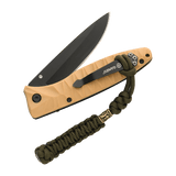 M-Tac Knife Lanyard Loopy Snake Scandinavian punotussa paracord-mallissa, kiinnitetty taskuveitseen, jossa ruskea kahva ja musta terä