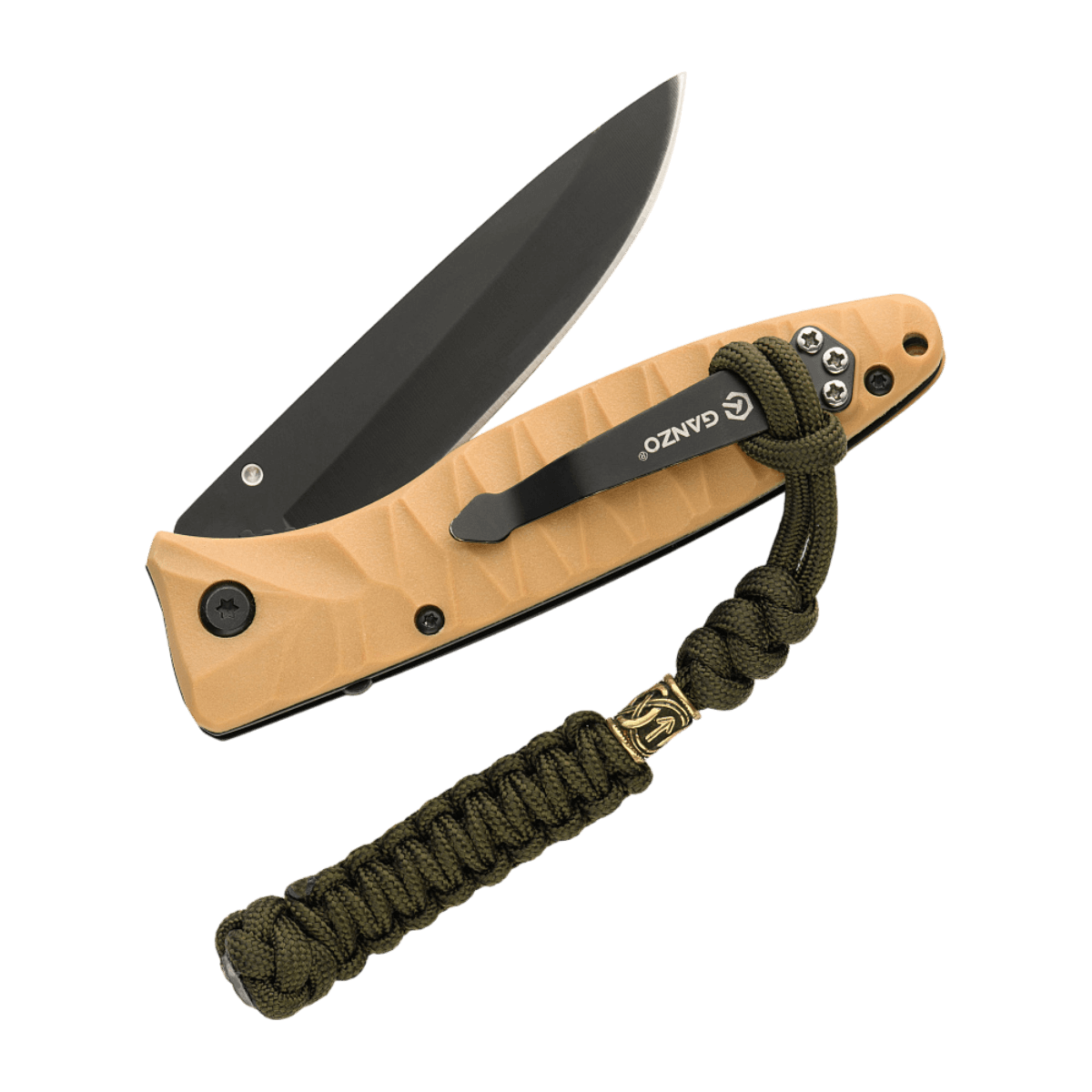 M-Tac Knife Lanyard Loopy Snake Scandinavian punotussa paracord-mallissa, kiinnitetty taskuveitseen, jossa ruskea kahva ja musta terä