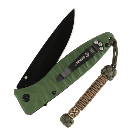 Vihreä taittoveitsi M-Tac Knife Lanyard Celtic -punotulla paracordilla, tyylikäs lisä helpompaan käyttöön ja persoonallisuuteen.
