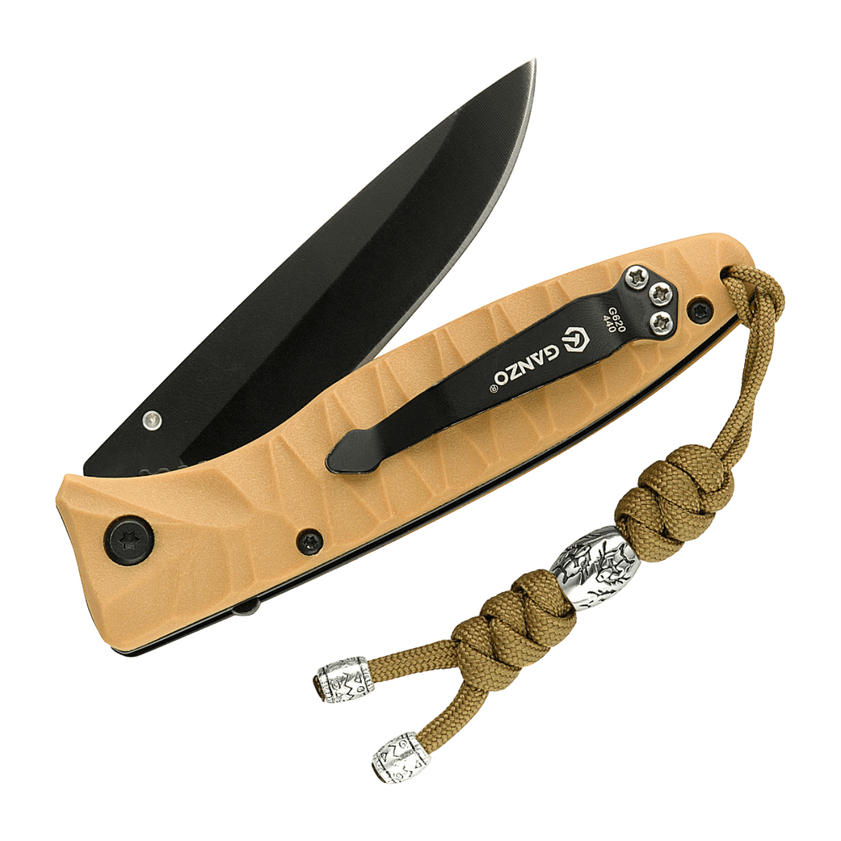 M-Tac Zeus Stainless Steel Lanyard veitsessä, punottu paracord ja koristeellinen teräshelmi, käytännöllinen nopeaan varusteiden käyttöön.