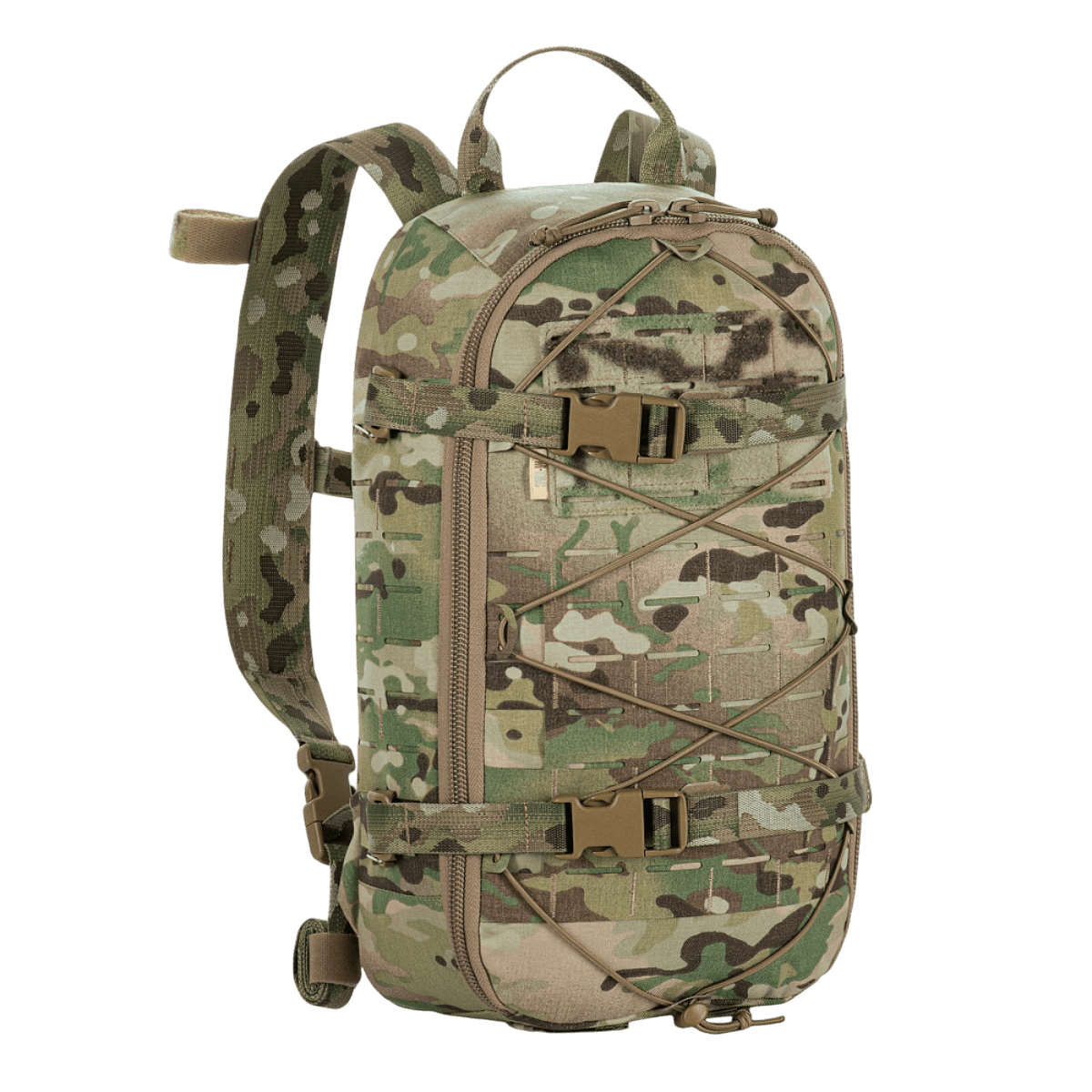 M-Tac reppu Sturm Elite Gen.II maastokuvioinnilla, MOLLE-järjestelmä ja joustonaru kenttävarusteille.