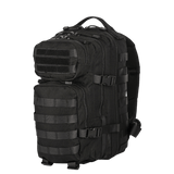 Musta M-Tac Assault Pack MOLLE-järjestelmällä, kaksi suurta päällistä taskua, etutaskut ja säädettävät olkahihnat.