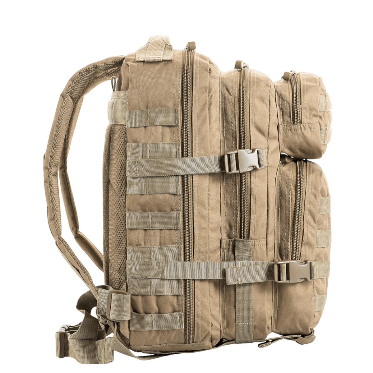 M-Tac Assault Pack, MOLLE-järjestelmä, ruskea, sivukuva, säädettävät pehmustetut olkahihnat, sopii kaupunkiin ja vaellukseen.
