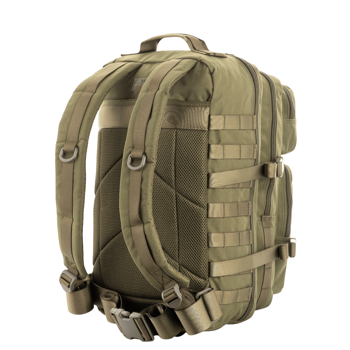 M-Tac Large Assault Pack -reppu pehmustetuilla olkahihnoilla ja MOLLE-järjestelmällä, takaa kuvattu.