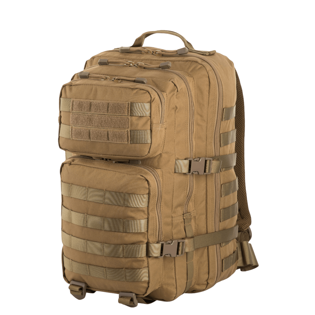 M-Tac Large Assault Pack -reppu MOLLE-järjestelmällä, kaksi isoa taskua, lisätaskut edessä ja säädettävät olkahihnat, ruskea.