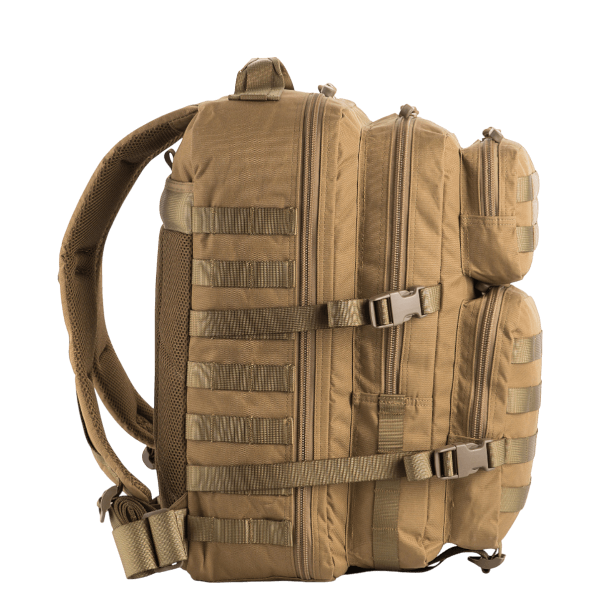 M-Tac Large Assault Pack -reppu beigessä, MOLLE-järjestelmä ja useita vetoketjutaskuja, sopii kaupunkikäyttöön ja lyhyille retkille.