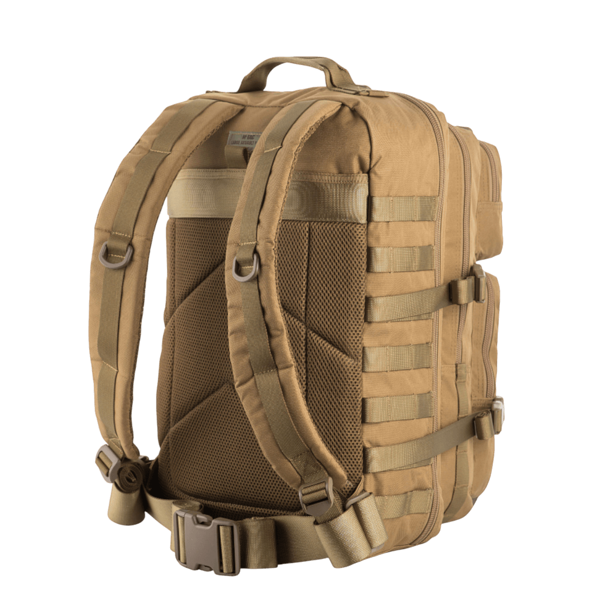 M-Tac Large Assault Pack -reppu beigessä, pehmustetut olkahihnat ja MOLLE-järjestelmä, sopii kaupunkikäyttöön ja lyhyisiin retkiin.
