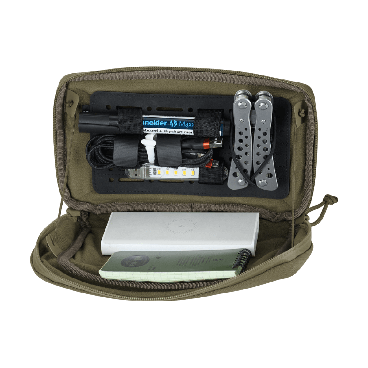 Avoin M-Tac Admin Pouch Large Elite, sisällä taktista varustusta kuten taskulamppu ja monitoimityökalu järjestettynä.