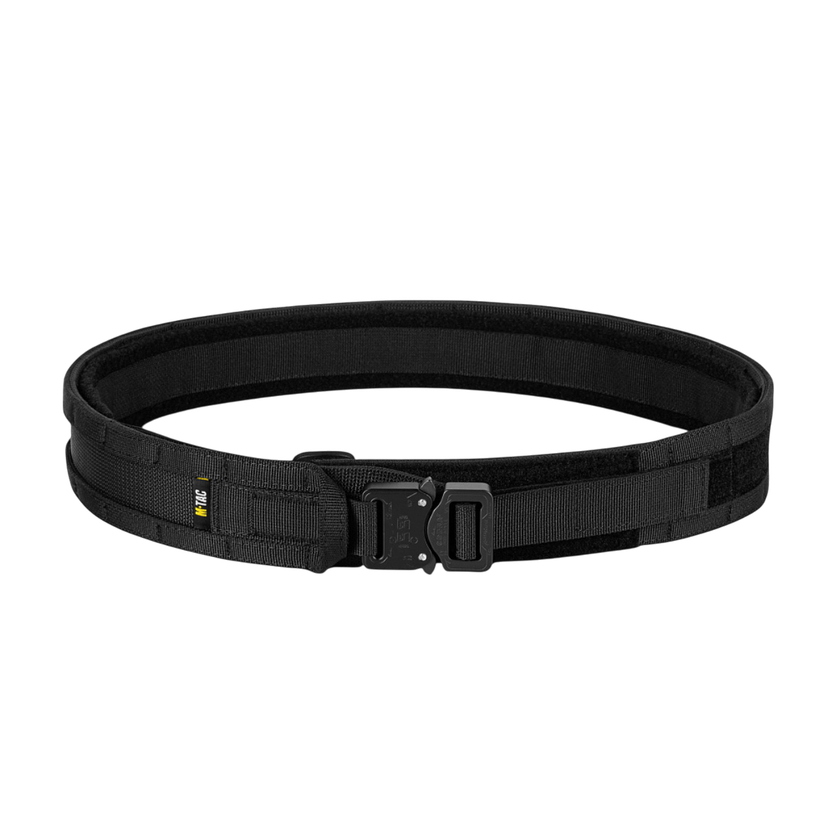 M-Tac Range -vyö Cobra Buckle Gen.IV mustana, taktinen vyö sotilaskäyttöön säädettävällä koolla ja Tegris-vahvistuksella.