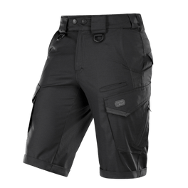 M-Tac Shorts Aggressor Gen.II Flex mustat, moderni taktinen muotoilu, sopii harjoitteluun ja vapaa-aikaan, valmistettu kestävästä ripstop-kankaasta.