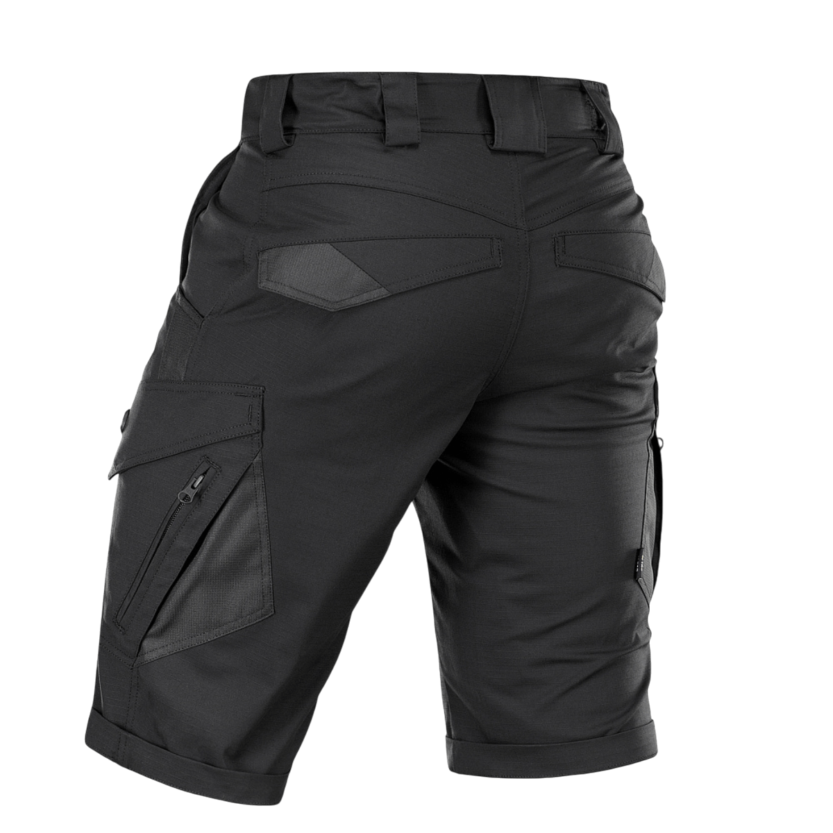 M-Tac Shorts Aggressor Gen.II Flex mustat takaa, monipuoliset taktiset shortsit harjoitteluun ja työhön, kestävä ripstop-kangas.
