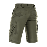 M-Tac Shorts Aggressor Gen.II Flex istuvassa leikkauksessa, takaa kuvattuna, taktinen muotoilu, tanskalainen yhteenveto.