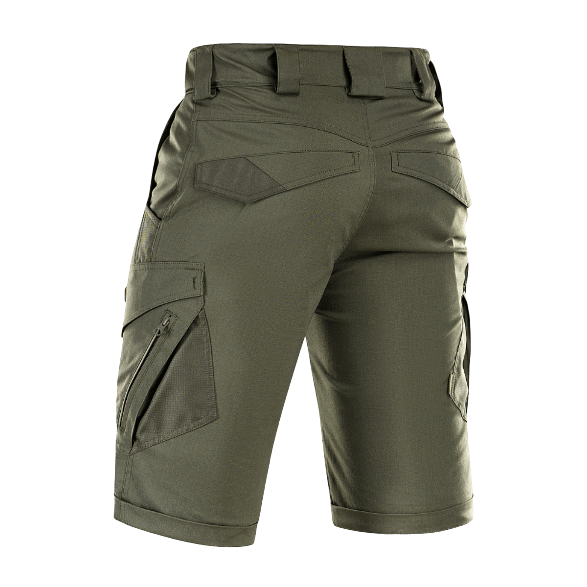 M-Tac Shorts Aggressor Gen.II Flex istuvassa leikkauksessa, takaa kuvattuna, taktinen muotoilu, tanskalainen yhteenveto.