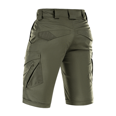 M-Tac Shorts Aggressor Gen.II Flex istuvassa leikkauksessa, takaa kuvattuna, taktinen muotoilu, tanskalainen yhteenveto.