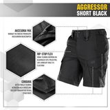 M-Tac Shorts Aggressor Short mustana taktisine ominaisuuksineen ja materiaaleina kuten YKK-vetoketjut, rip-stop Flex ja Cordura kestävyyttä varten.
