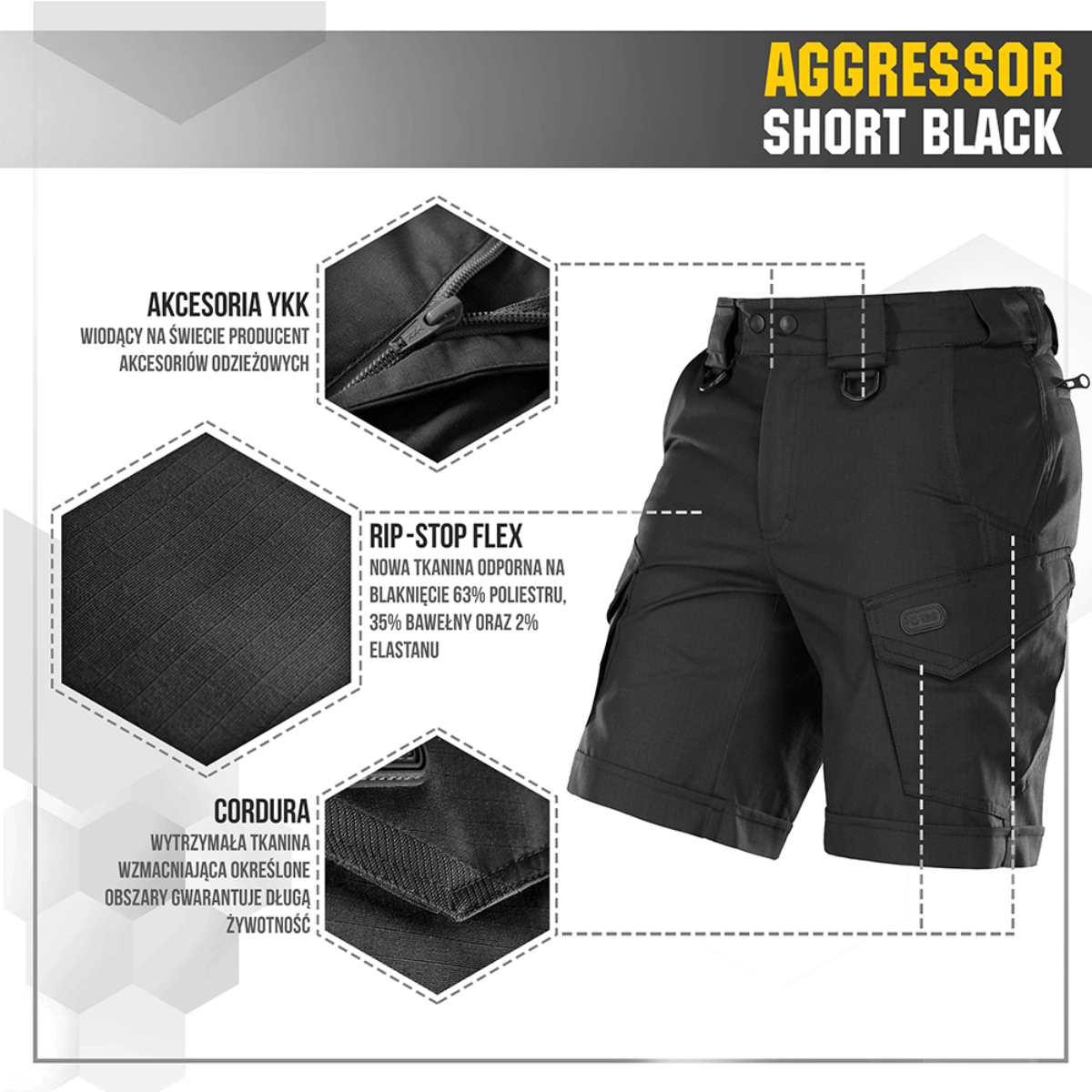 M-Tac Shorts Aggressor Short mustana taktisine ominaisuuksineen ja materiaaleina kuten YKK-vetoketjut, rip-stop Flex ja Cordura kestävyyttä varten.