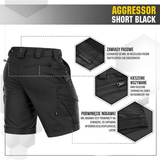 M-Tac Shorts Aggressor Short mustana taktisin yksityiskohdin ja YKK-vetoketjuin, suunniteltu mukavuuteen ja toiminnallisuuteen. Sopii lämpimiin päiviin.