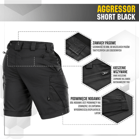 M-Tac Shorts Aggressor Short mustana taktisin yksityiskohdin ja YKK-vetoketjuin, suunniteltu mukavuuteen ja toiminnallisuuteen. Sopii lämpimiin päiviin.
